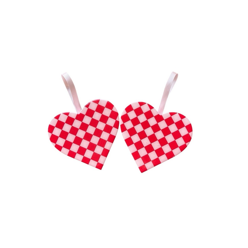 Acrylic Checkered Heart‎ Ornaments Red Pink Lot of 2 NEW